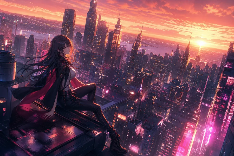 Anime City Rooftop Sunset Scene, Safe For Work, No Minors Anime Wallpaper  14 4K