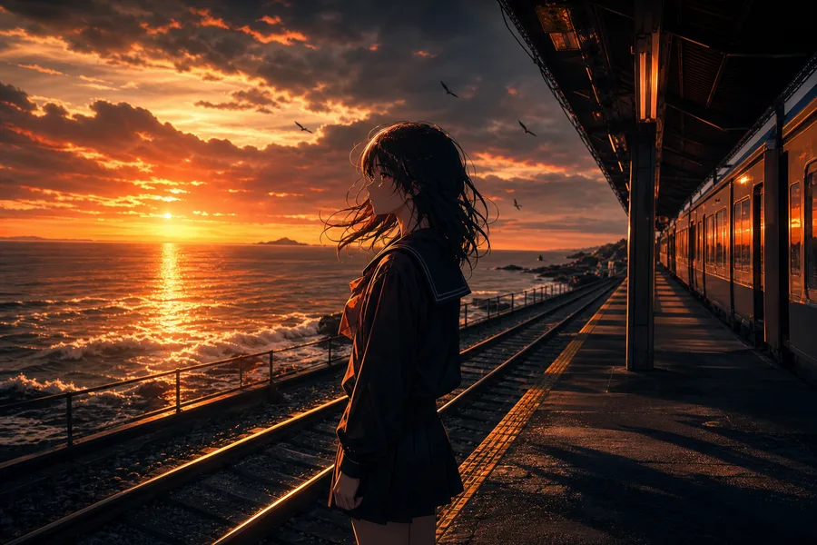Anime Ocean Train Station Anime Wallpaper 16 4K 5