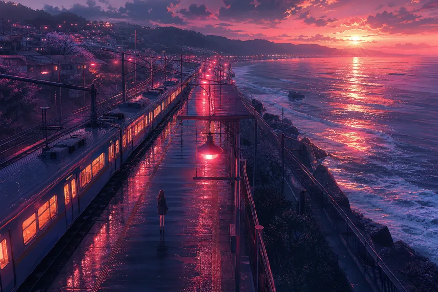 Anime Ocean Train Station Anime Wallpaper 16 4K