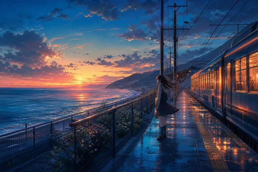 Anime Ocean Train Station Anime Wallpaper 24 4K 5