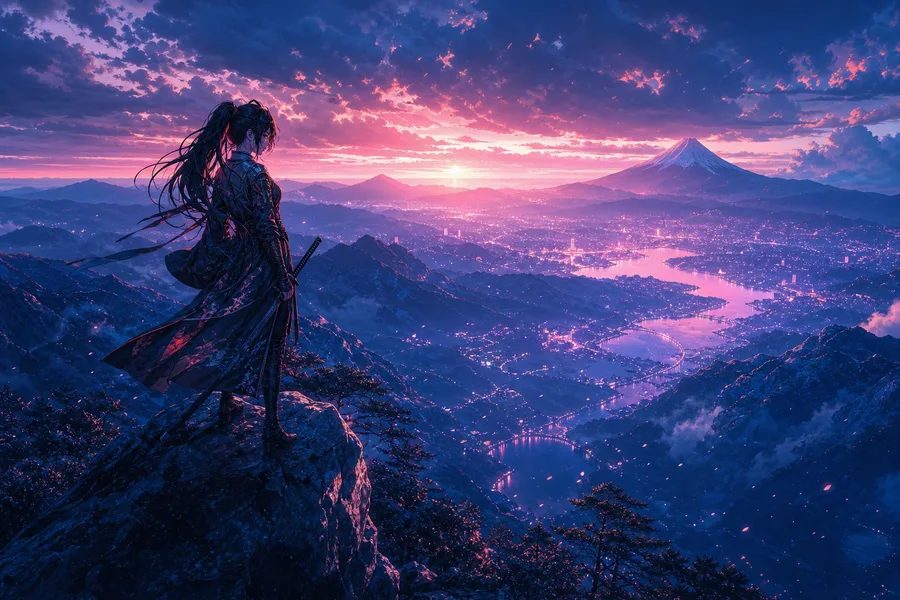 Anime Samurai On Mountain At Sunset Anime Wallpaper  2 4K