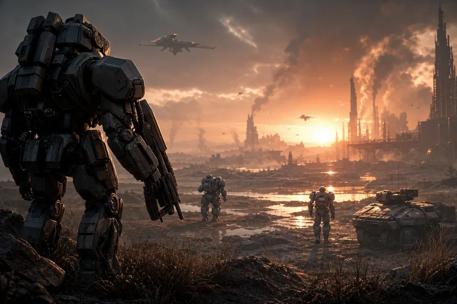Armored Robot Patrol In Sci Fi Battlefield Military Wallpaper  6 4K