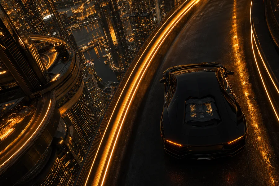 Black Lamborghini On Neon Street At Night Cars Wallpaper 1 4K 10
