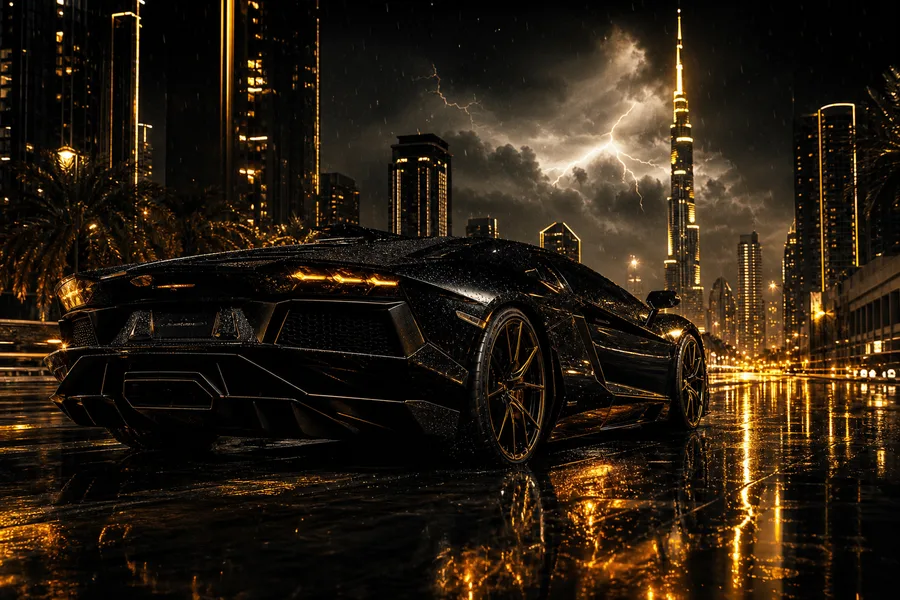 Black Lamborghini On Neon Street At Night Cars Wallpaper 1 4K 12