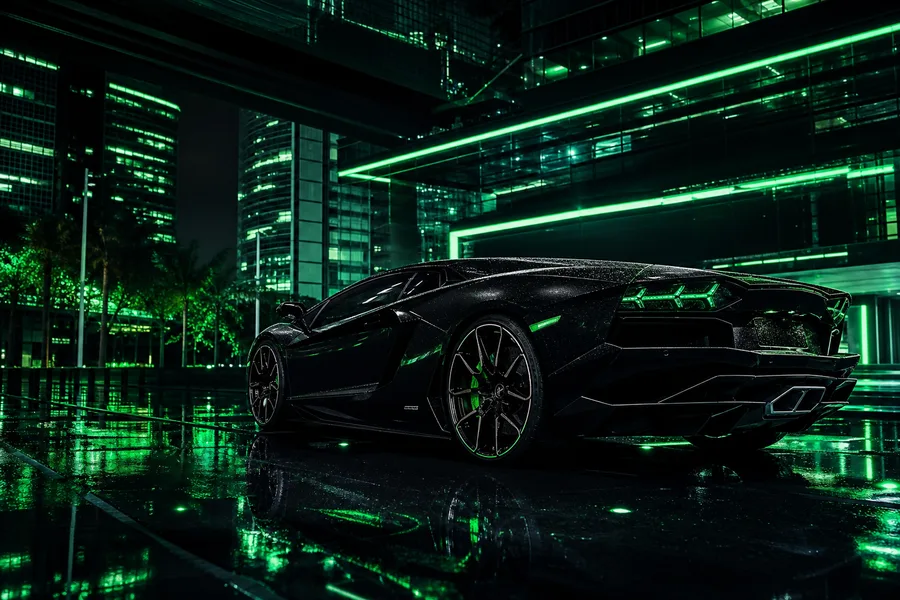 Black Lamborghini On Neon Street At Night Cars Wallpaper 1 4K 14
