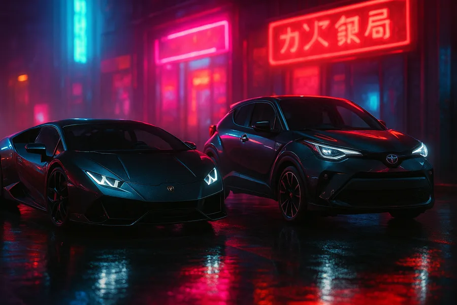 Black Lamborghini On Neon Street At Night Cars Wallpaper 1 4K 2