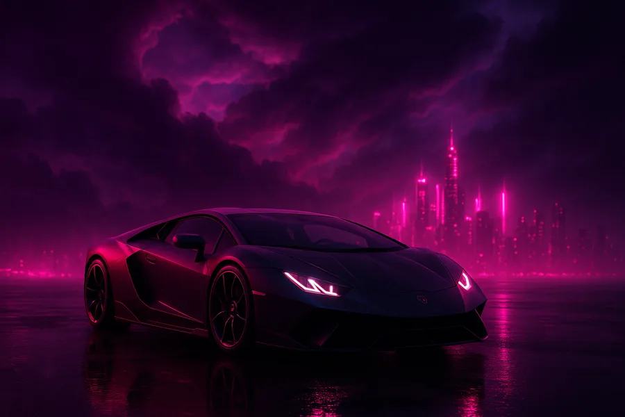 Black Lamborghini On Neon Street At Night Cars Wallpaper 1 4K 5