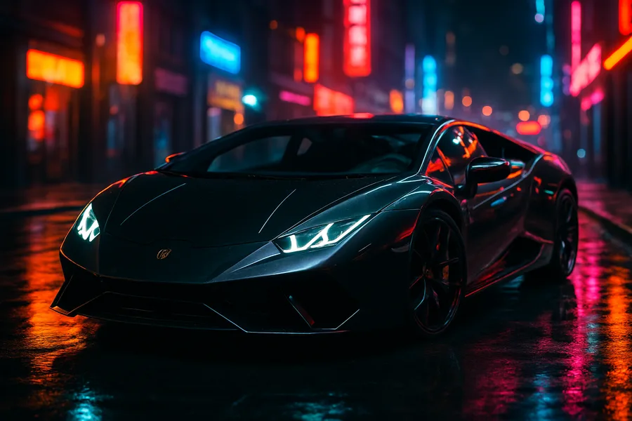 Black Lamborghini On Neon Street At Night Cars Wallpaper 1 4K