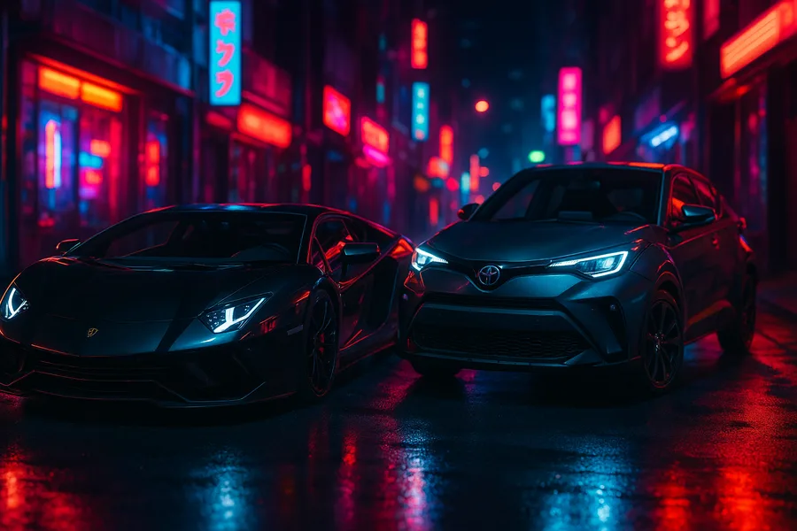Black Lamborghini On Neon Street At Night Cars Wallpaper 9 4K 2