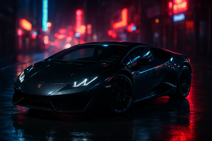 Black Lamborghini On Neon Street At Night Cars Wallpaper 9 4K