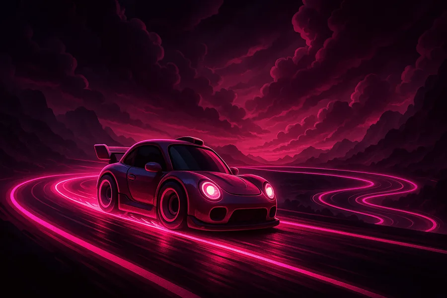 Cartoon Racing Car On Neon Track Cartoon Wallpaper 3 4K