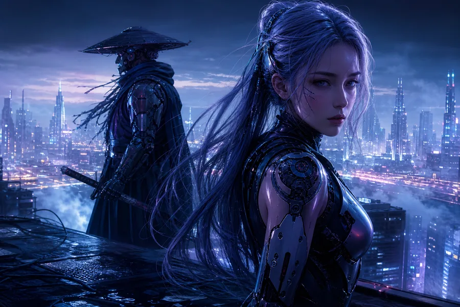 Cyber Samurai Standing On Skyscraper Ai-Girls Wallpaper 5 4K 4