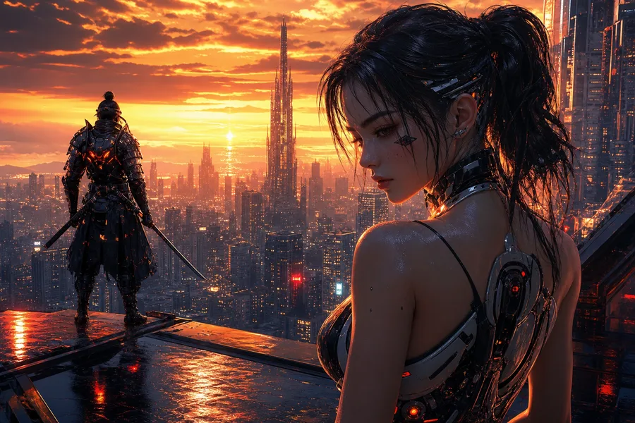 Cyber Samurai Standing On Skyscraper Ai-Girls Wallpaper 5 4K 6