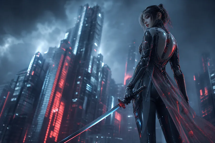 Cyber Samurai Standing On Skyscraper Ai-Girls Wallpaper 5 4K