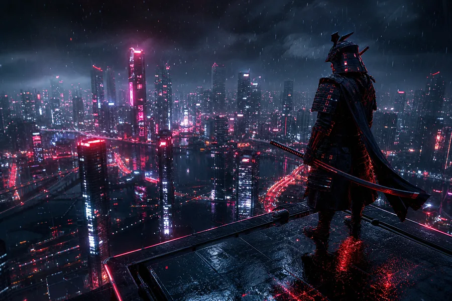 Cyber Samurai Standing On Skyscraper Architecture Wallpaper  5 4K