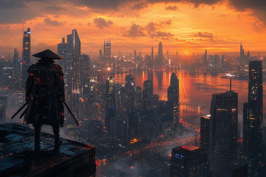 Cyber Samurai Standing On Skyscraper Architecture Wallpaper  5 4K