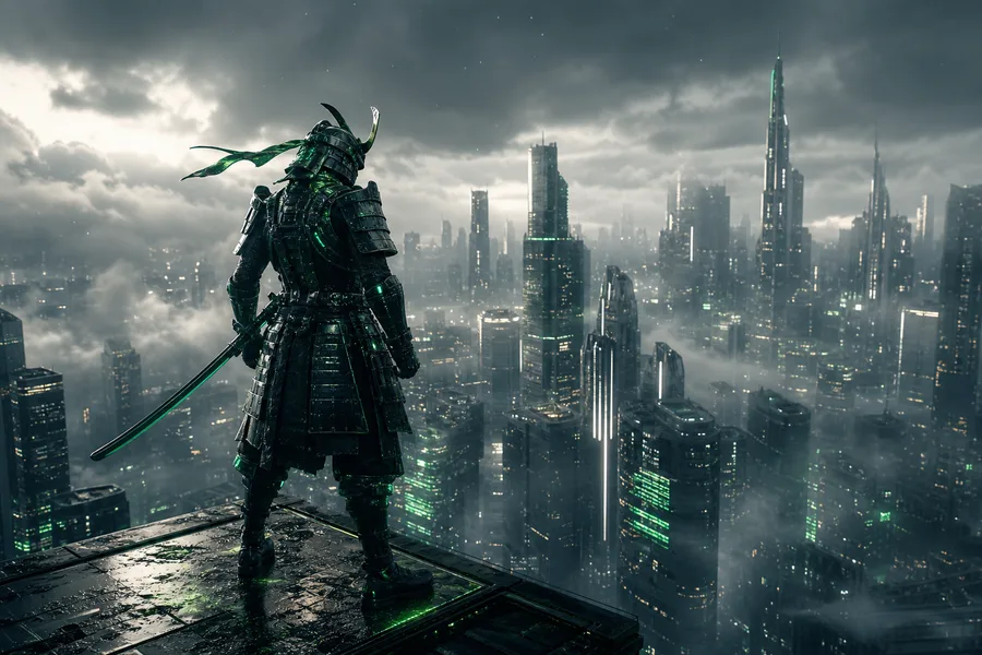Cyber Samurai Standing On Skyscraper Architecture Wallpaper 5 4K 2