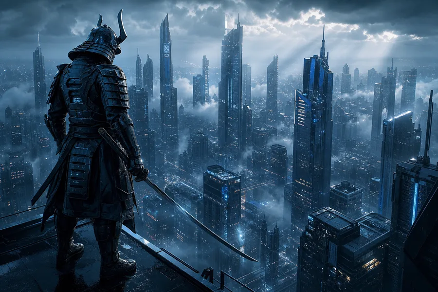 Cyber Samurai Standing On Skyscraper Architecture Wallpaper 5 4K 7
