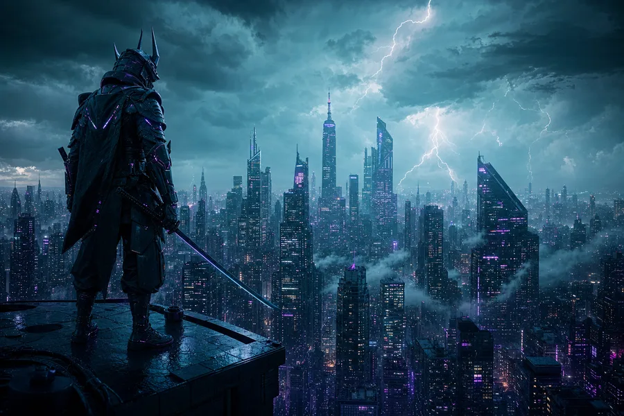 Cyber Samurai Standing On Skyscraper Architecture Wallpaper  5 4K
