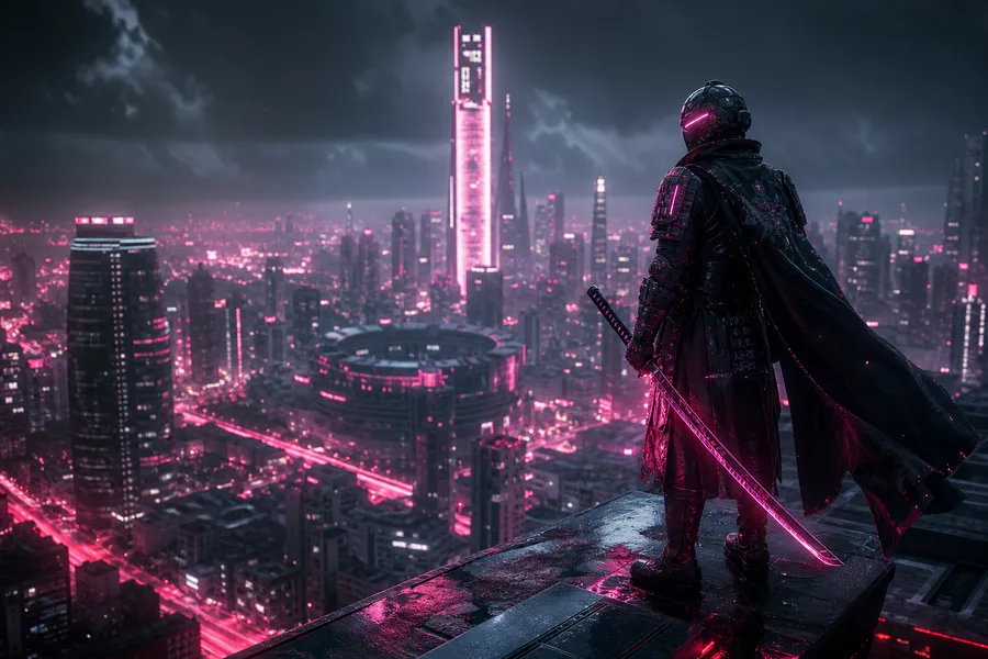 Cyber Samurai Standing On Skyscraper Architecture Wallpaper 5 4K