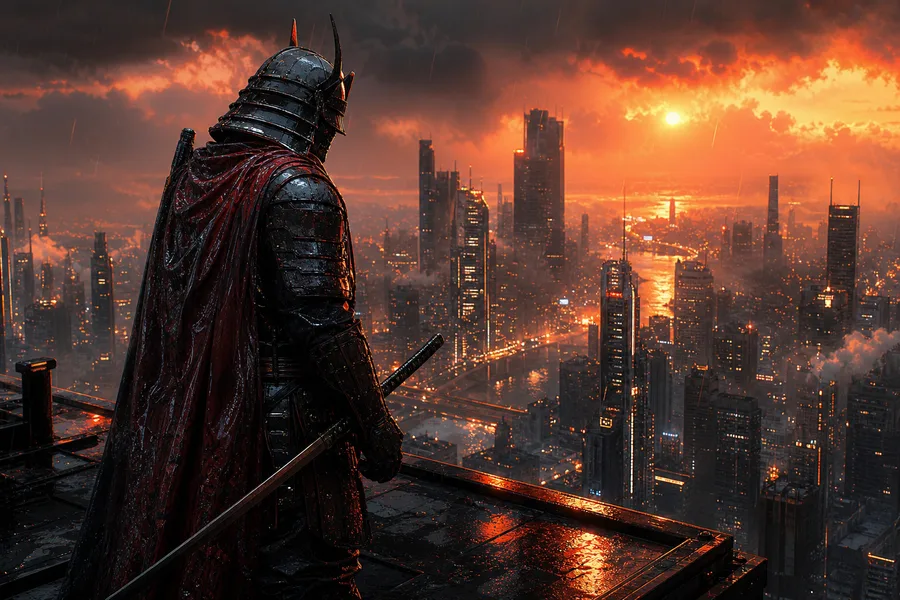 Cyber Samurai Standing On Skyscraper Cyberpunk Wallpaper 5 4K 16