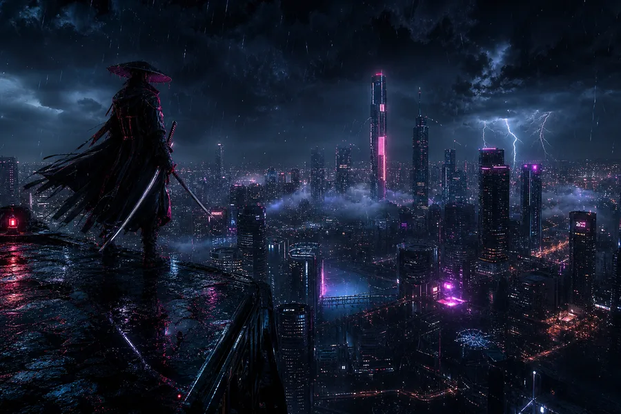 Cyber Samurai Standing On Skyscraper Cyberpunk Wallpaper 5 4K 4