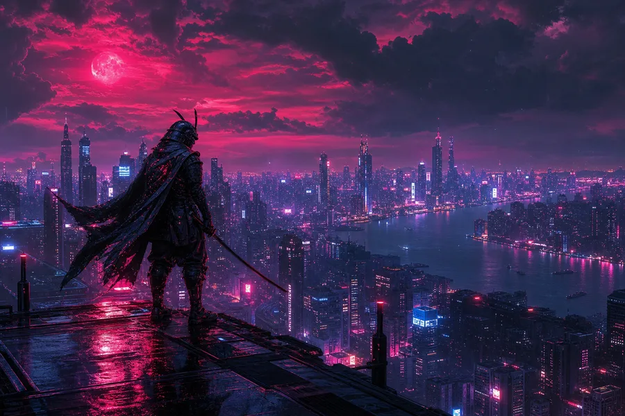 Cyber Samurai Standing On Skyscraper Cyberpunk Wallpaper 5 4K 5