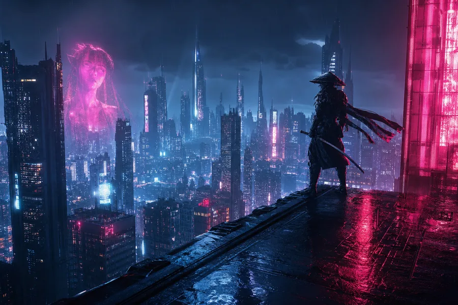 Cyber Samurai Standing On Skyscraper Cyberpunk Wallpaper 5 4K 7