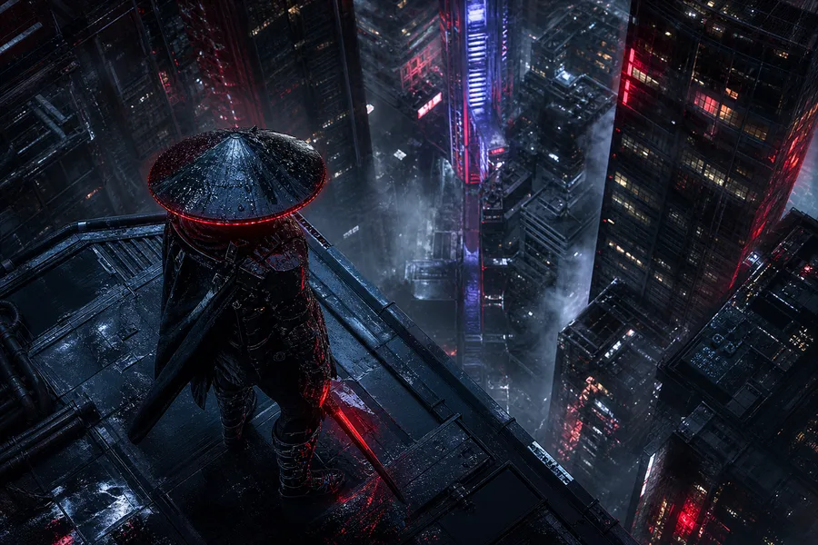 Cyber Samurai Standing On Skyscraper Cyberpunk Wallpaper 5 4K 8