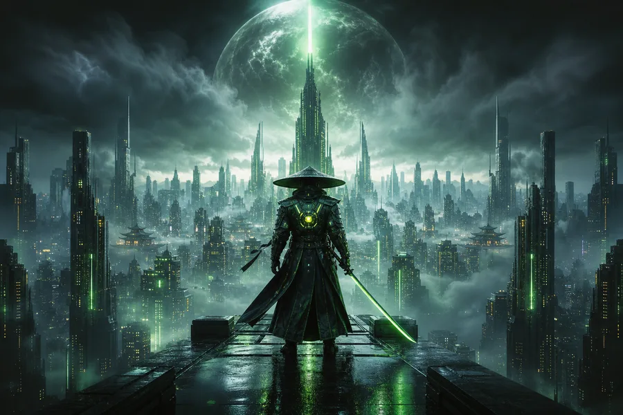 Cyber Samurai Standing On Skyscraper Fantasy Wallpaper  5 4K