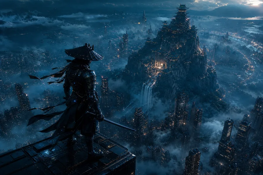 Cyber Samurai Standing On Skyscraper Fantasy Wallpaper 5 4K 2