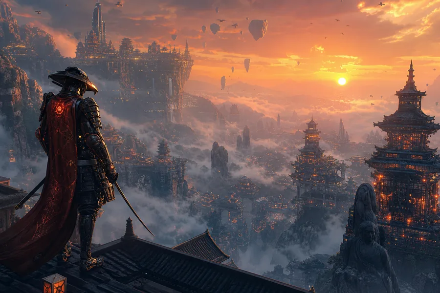 Cyber Samurai Standing On Skyscraper Fantasy Wallpaper 5 4K 3