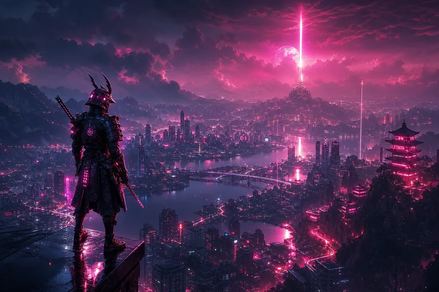 Cyber Samurai Standing On Skyscraper Fantasy Wallpaper 5 4K 5