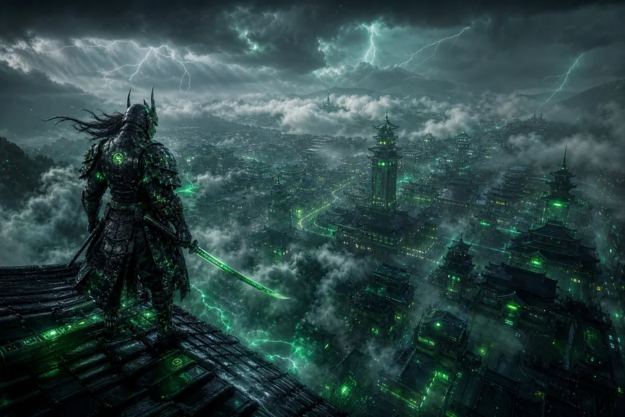 Cyber Samurai Standing On Skyscraper Fantasy Wallpaper 5 4K 6