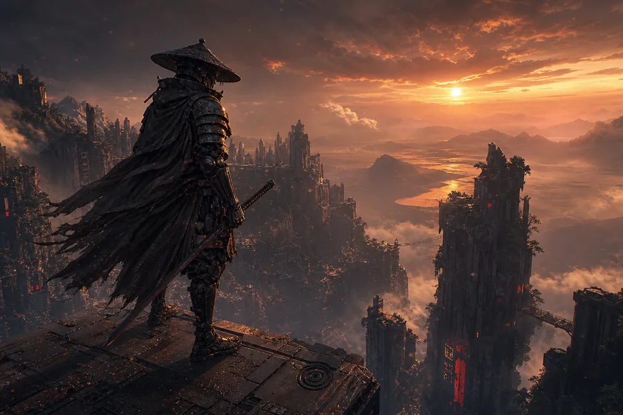 Cyber Samurai Standing On Skyscraper Fantasy Wallpaper  5 4K