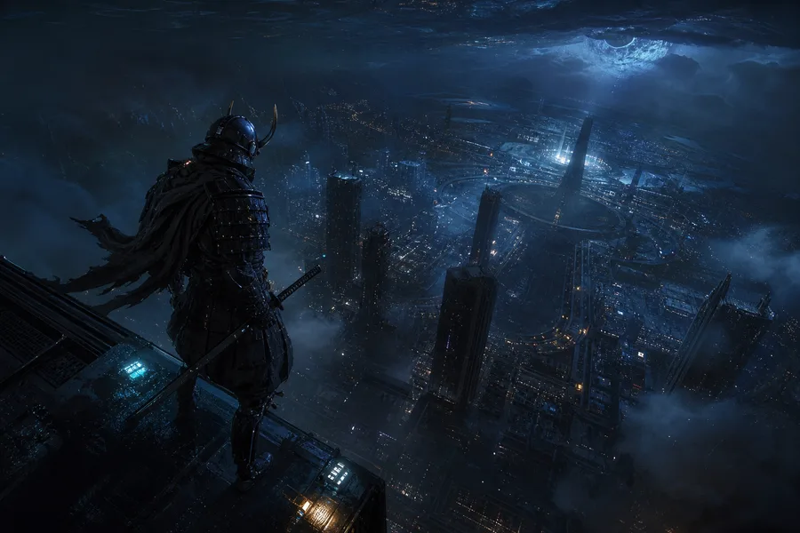 Cyber Samurai Standing On Skyscraper Fantasy Wallpaper  5 4K