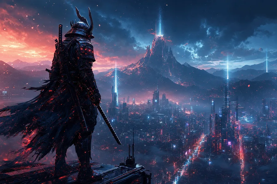 Cyber Samurai Standing On Skyscraper Fantasy Wallpaper 5 4K