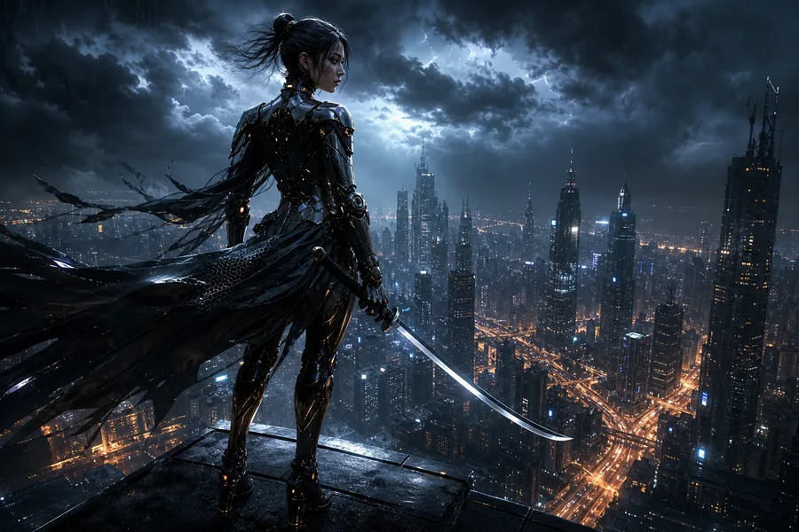 Cyber Samurai Standing On Skyscraper Female-Androids Wallpaper  5 4K