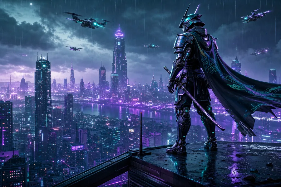 Cyber Samurai Standing On Skyscraper Hamster-Robotics Wallpaper  5 4K