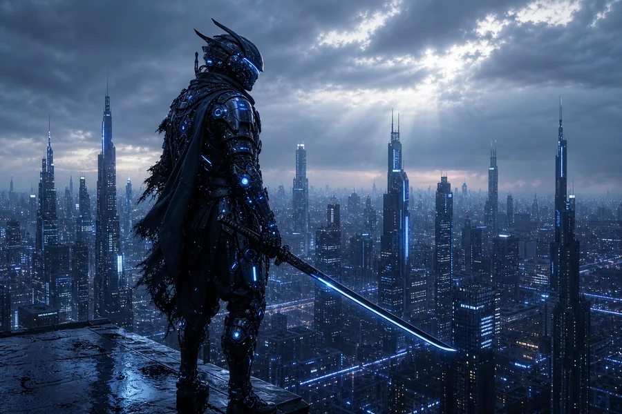 Cyber Samurai Standing On Skyscraper Hamster-Robotics Wallpaper  5 4K