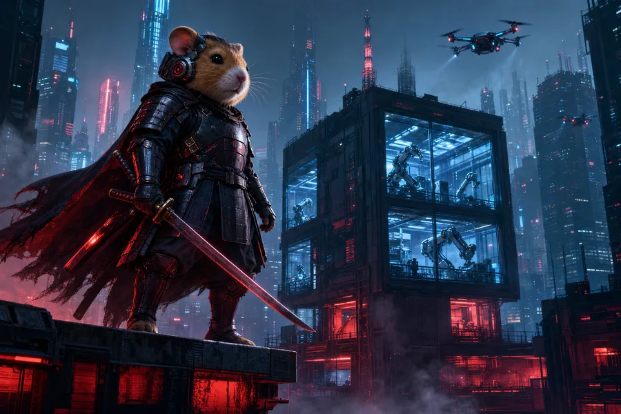 Cyber Samurai Standing On Skyscraper Hamster-Robotics Wallpaper 5 4K 2