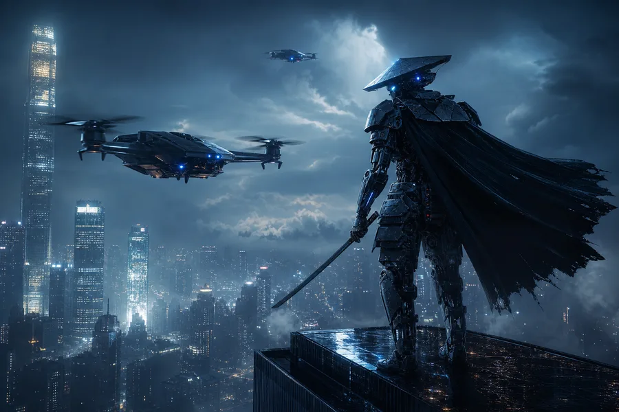 Cyber Samurai Standing On Skyscraper Hamster-Robotics Wallpaper 5 4K 3