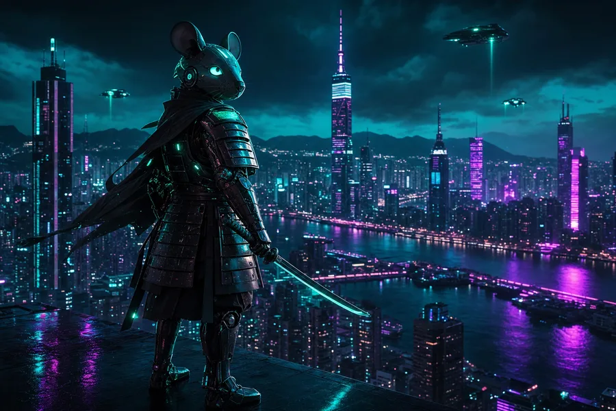 Cyber Samurai Standing On Skyscraper Hamster-Robotics Wallpaper 5 4K 4