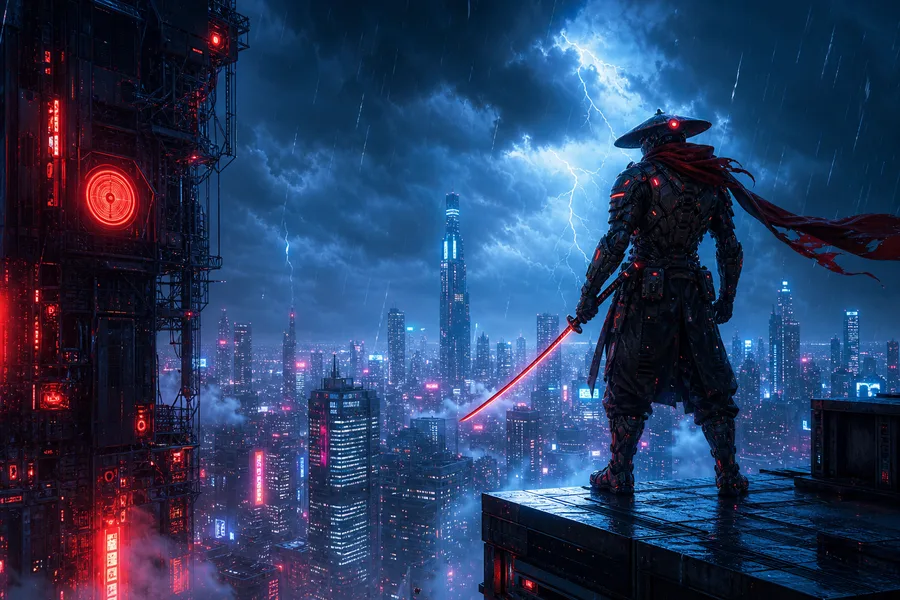 Cyber Samurai Standing On Skyscraper Hamster-Robotics Wallpaper 5 4K 5