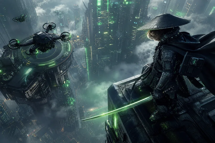 Cyber Samurai Standing On Skyscraper Hamster-Robotics Wallpaper 5 4K 7