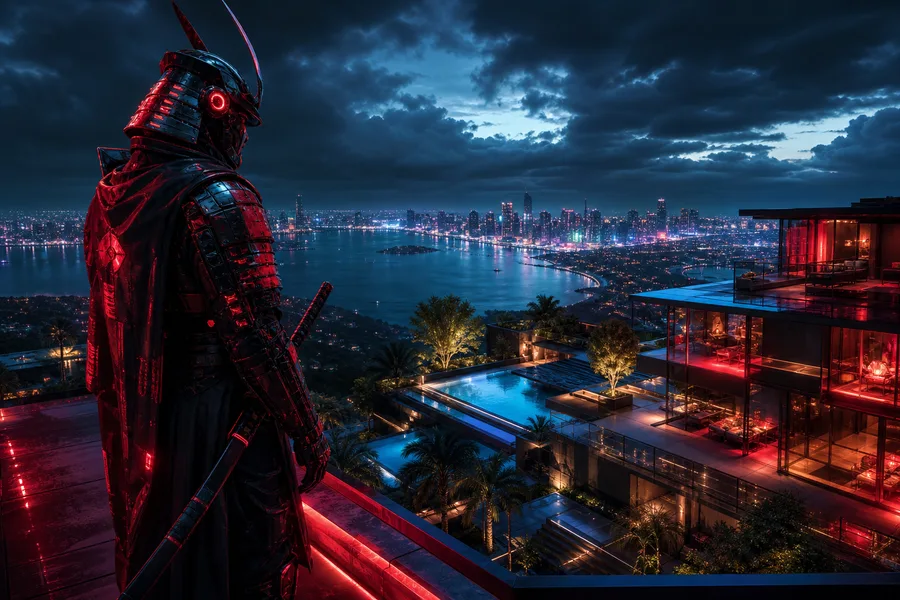 Cyber Samurai Standing On Skyscraper Luxury-Villas Wallpaper 5 4K 3