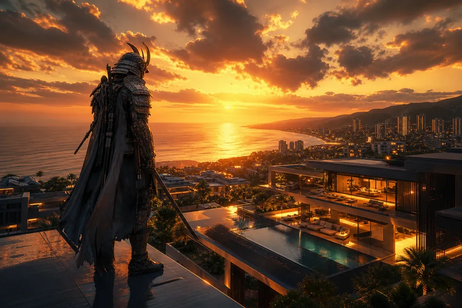 Cyber Samurai Standing On Skyscraper Luxury-Villas Wallpaper 5 4K 4