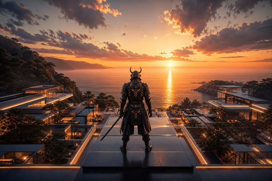 Cyber Samurai Standing On Skyscraper Luxury-Villas Wallpaper 5 4K 5