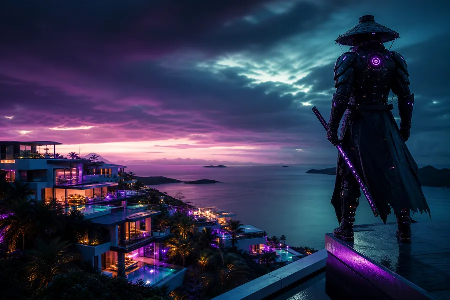 Cyber Samurai Standing On Skyscraper Luxury-Villas Wallpaper  5 4K