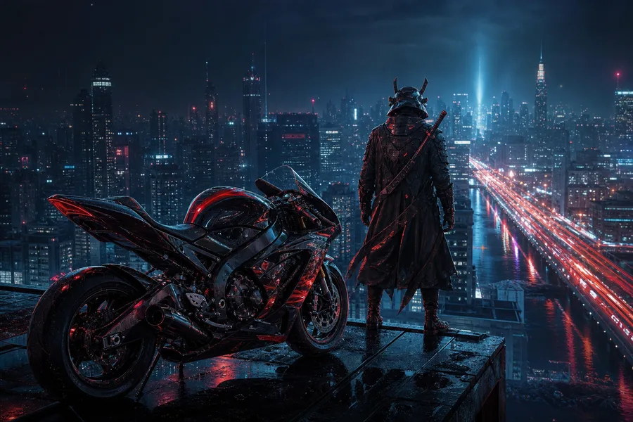 Cyber Samurai Standing On Skyscraper Motorcycles Wallpaper 5 4K 4
